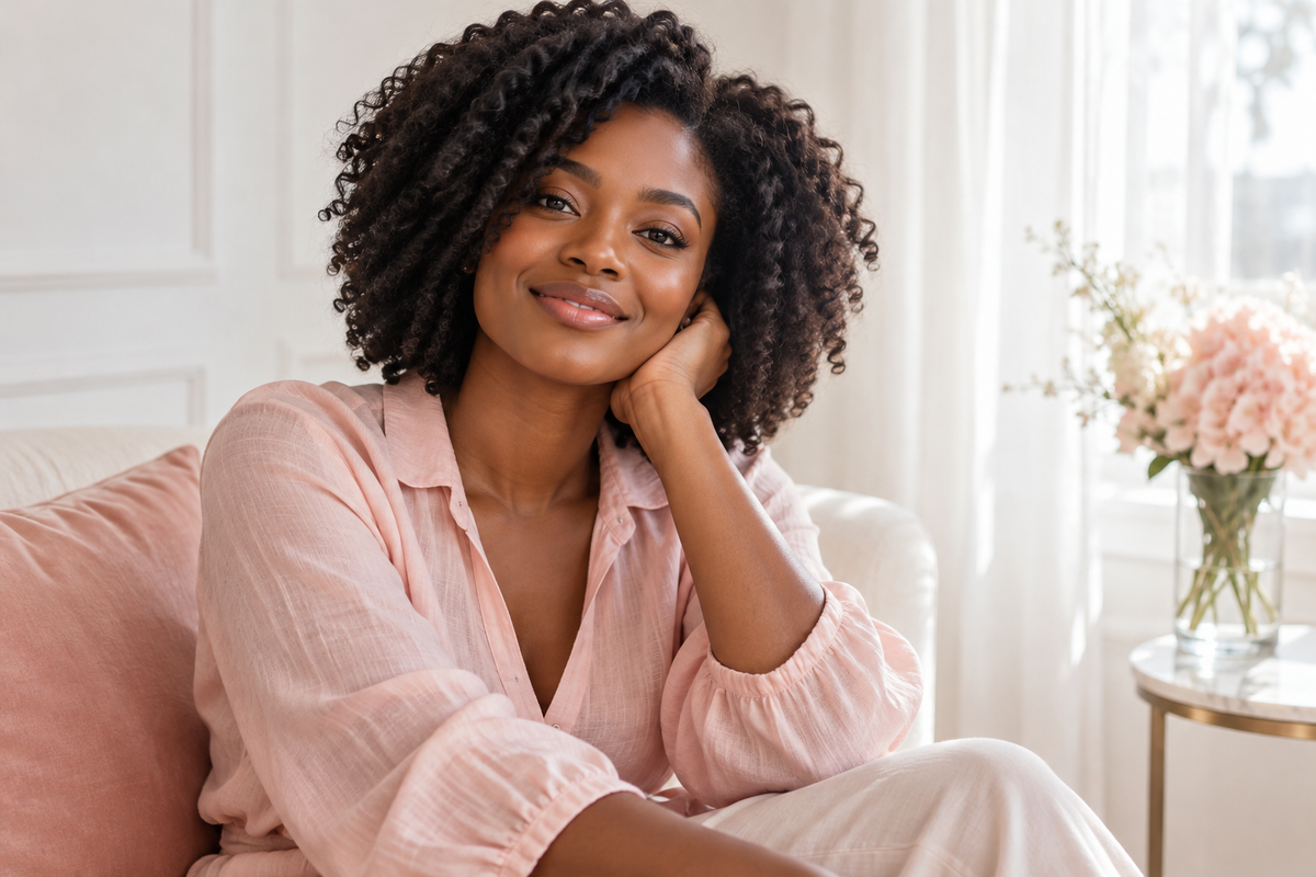 Editorial wellness portrait in a soft blush and white interior
